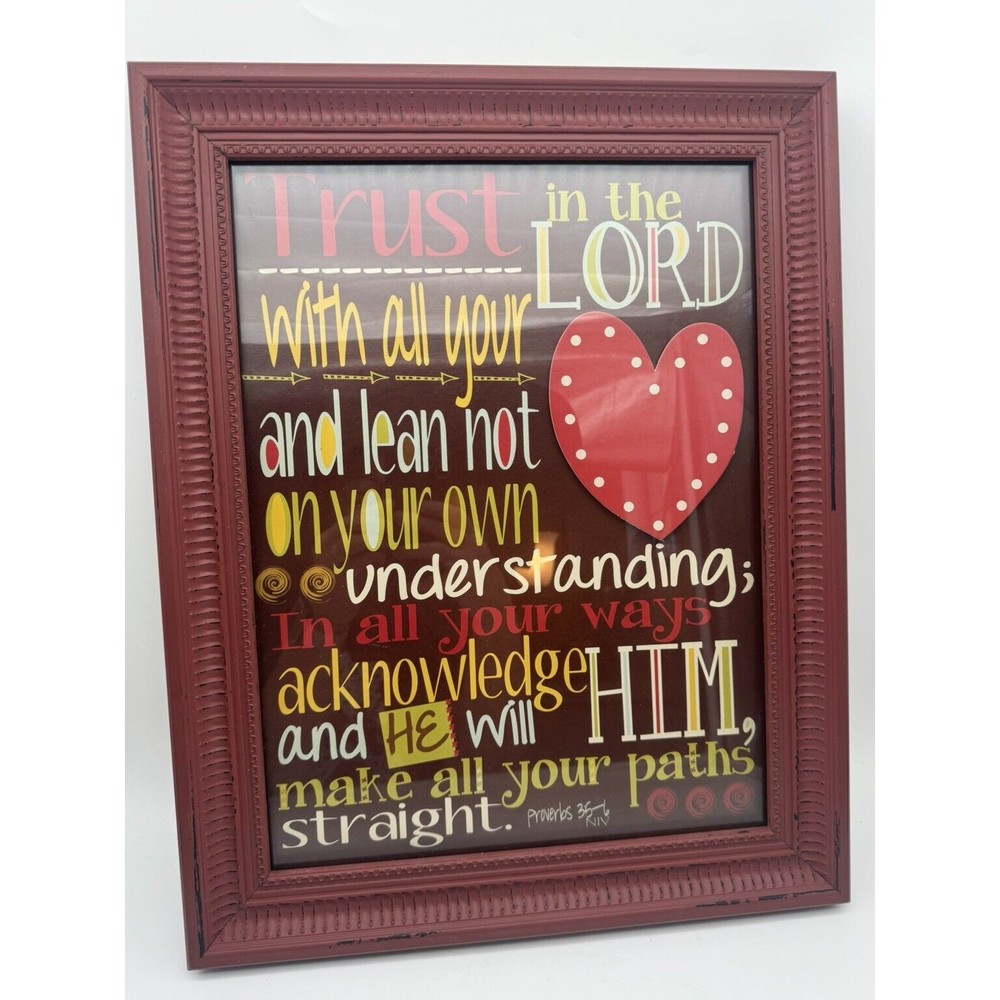 Red Framed Art Proverbs 3 5-6 Distressed Heart Picture Wall Decor 19” H X 15” W